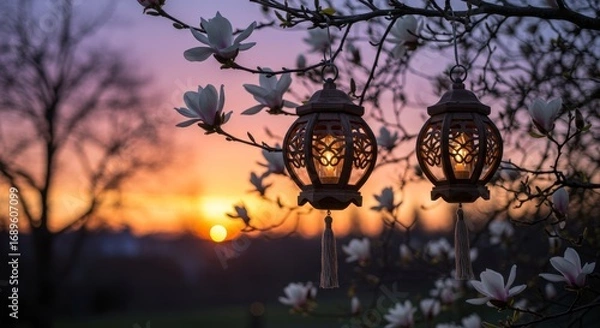 Fototapeta Sunset Serenity: Lanterns and Magnolia Blossoms - Two illuminated lanterns hang from a magnolia tree branch at sunset creating a peaceful and serene atmosphere