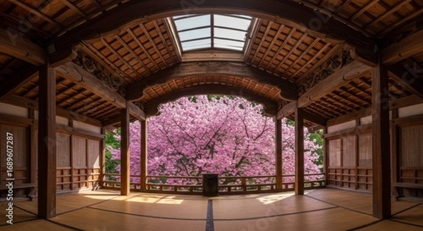 Fototapeta Tranquil Cherry Blossom View From Pavilion - Serene of a blooming cherry blossom tree viewed through a traditional wooden pavilion with a skylight