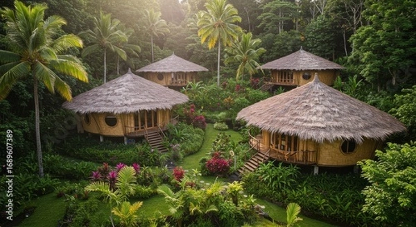 Fototapeta Tropical Bamboo Houses in Lush Green Garden - Four circular bamboo houses nestled in a vibrant tropical garden, surrounded by palm trees and lush greenery. Perfect for a relaxing getaway