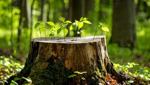 Fototapeta New growth sprouts from an old tree stump in a sunlit forest