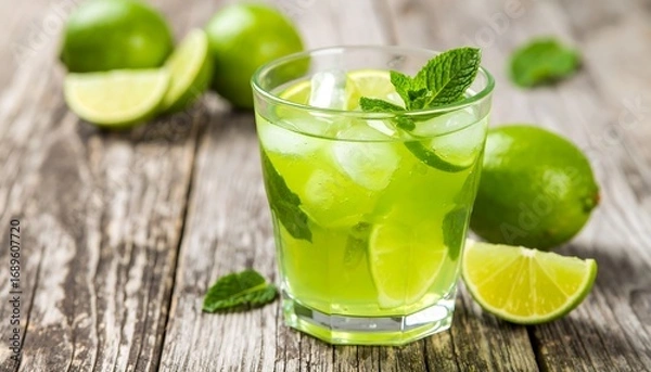 Fototapeta Refreshing lime drink on rustic wood