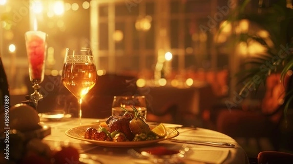 Fototapeta Dinner table setting in warm restaurant