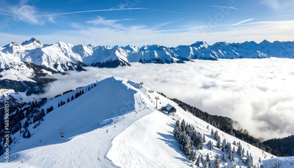 Fototapeta Snowy mountain range with ski slopes