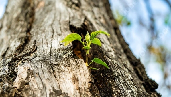 Fototapeta New life sprouts from a crack in an old tree trunk