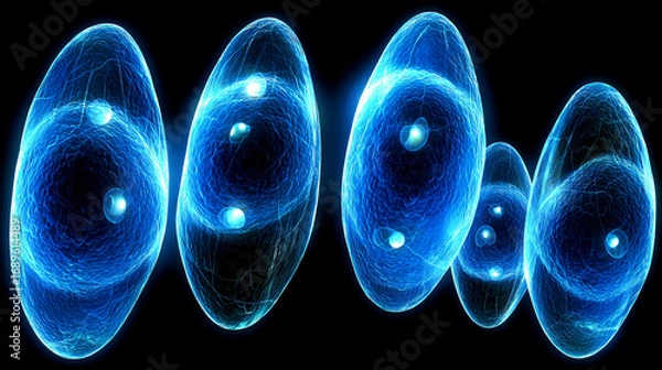 Fototapeta Vibrant blue glowing orbs representing energy dynamics in a dark background during an abstract scientific exploration