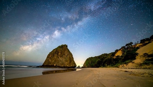 Fototapeta Night beach scene with a rocky outcrop and the Milky Way galaxy visible in the sky