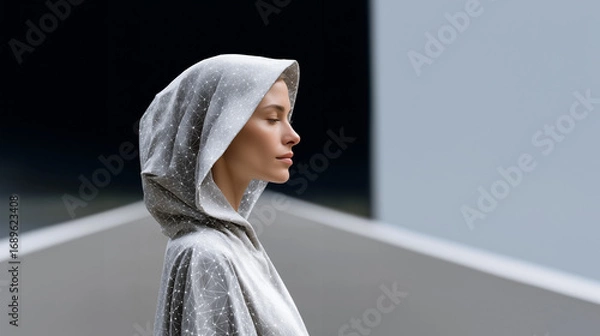 Fototapeta Elegant woman in silver hooded garment standing in minimalist architectural setting with eyes closed, expressing calm, modern fashion, mindfulness, and futuristic aesthetic