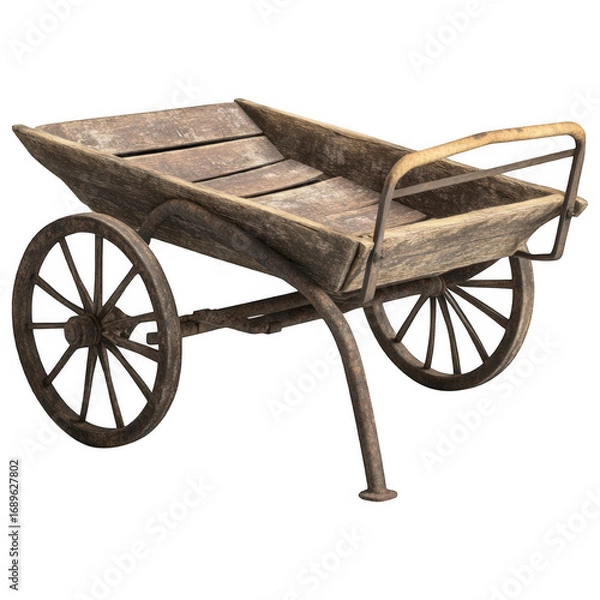 Fototapeta Rustic Cart: An antique wooden cart stands weathered against time, with its aged texture and wheel design.