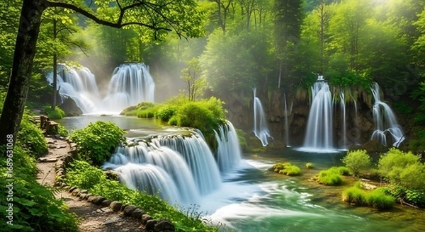 Fototapeta Lush cascading waterfalls in a serene forest setting, bathed in soft, natural light.