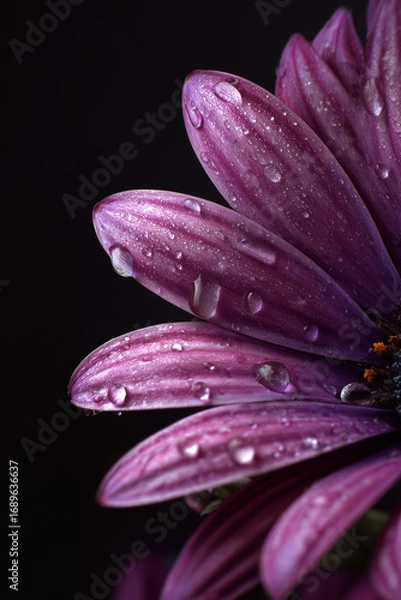 Fototapeta Purple flower with glistening dew, captured in detail against a dark background for a striking effect.