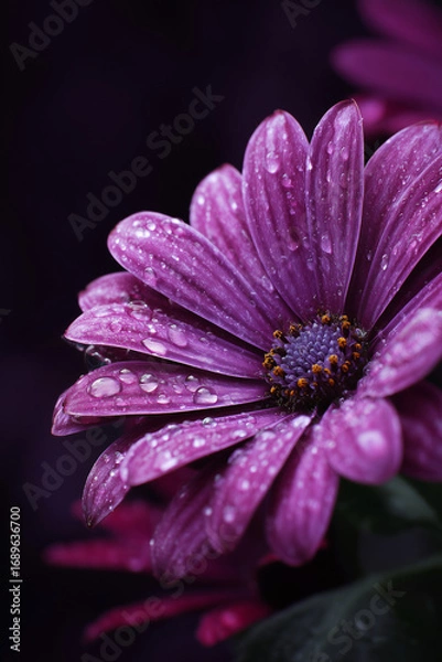 Fototapeta A fresh purple bloom with dewdrops resting on petals, highlighted against a dark, dramatic backdrop.