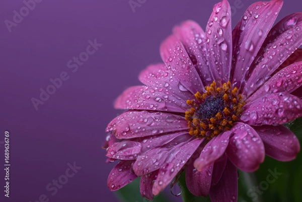 Fototapeta A single purple flower adorned with morning dew, contrasted against a deep, dark background.