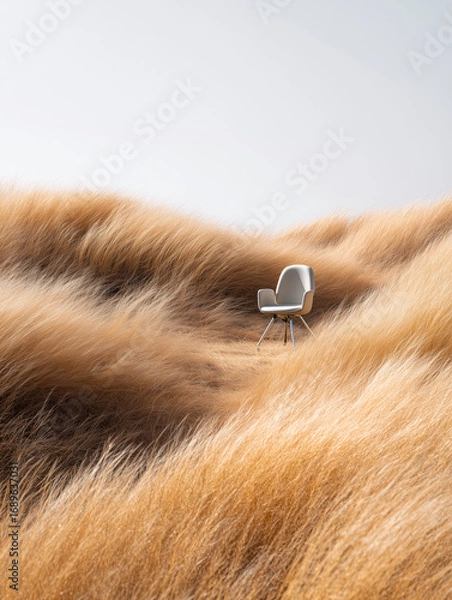 Fototapeta An image of a white armchair in tall grass, with the sky and wind in the background.