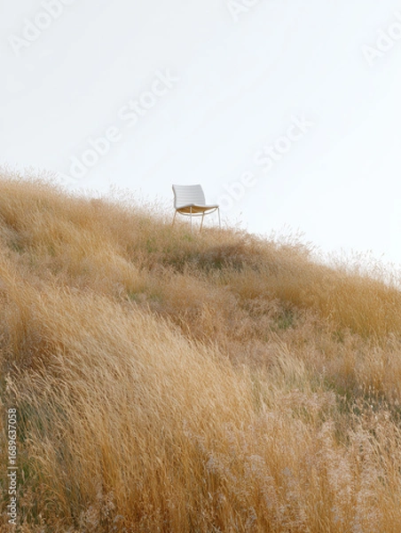 Fototapeta An image of a white chair against the blue sky in the steppe, in the wind, a conceptual illustration.