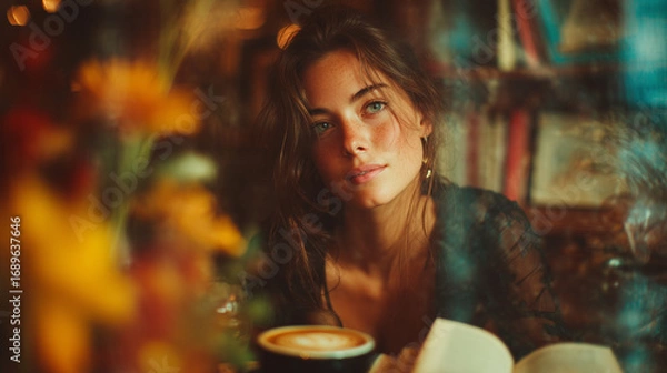 Fototapeta An image of a young woman with long hair and beautiful eyes, thoughtfully drinking coffee in a café with a book.