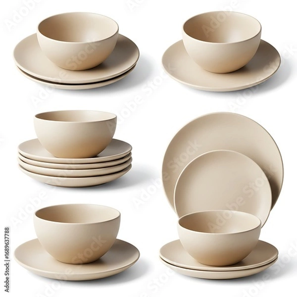 Obraz set of beige color ceramic or porcelain shallow plates or bowls isolated white background, mock-up template of dishware in different angles | High-Quality Stock Image