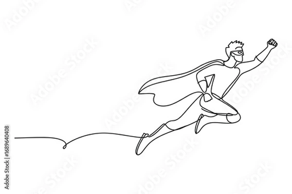 Fototapeta Minimal one line superhero flying sketch vector design for fantasy character courage and motivation