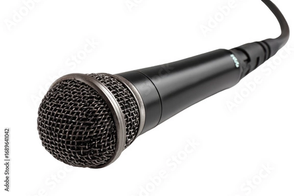 Fototapeta Close-up of a black handheld microphone.  Dark gray mesh grille on the capsule, black body, and a dark cable