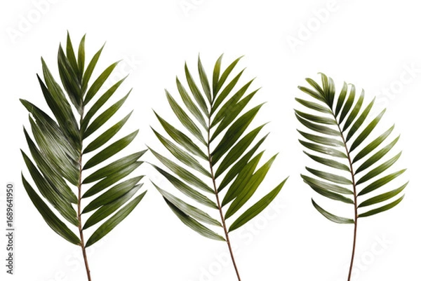 Fototapeta Three tropical leaves against a black background.  The leaves are a muted green with serrated edges and fine details, creating a textured look.  They appear slightly translucent