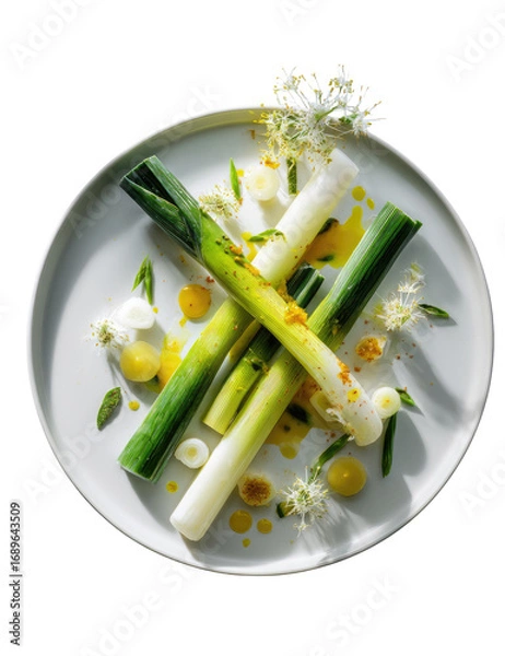 Fototapeta A plated dish of leeks, garnished with edible flowers and a yellow sauce