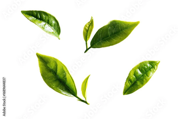 Fototapeta Fresh green tea leaves, slightly out of focus, against a solid black background.  The leaves are bright, vibrant green, with slightly serrated edges.  Sharp focus on the leaves