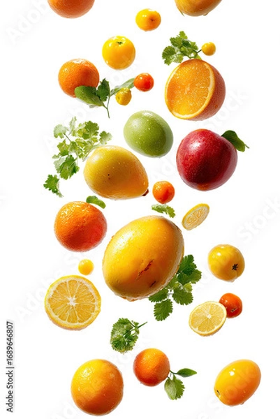 Fototapeta A vibrant array of fresh fruit, seemingly falling, in a vertical composition.  A mix of whole and sliced citrus fruits, mangos, and other tropical fruits