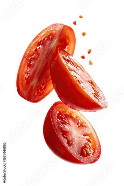 Fototapeta Three sliced tomatoes in mid-air, vibrant red,  with slight droplets suggesting freshness