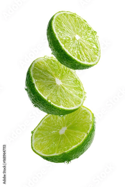 Fototapeta Three lime slices in mid-air, vibrant green, wet
