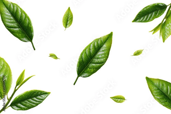Obraz Fresh tea leaves scattered on black background (1)