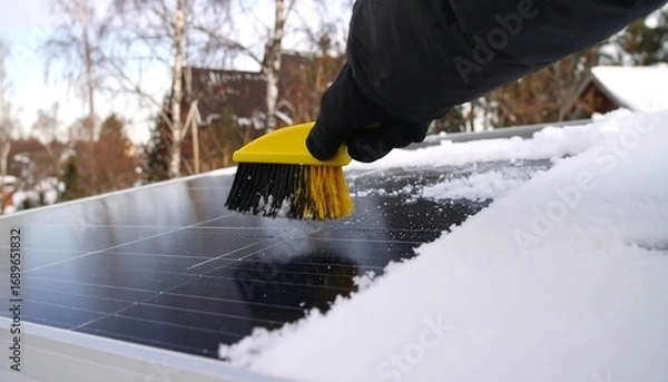 Fototapeta Removing snow from a solar panel