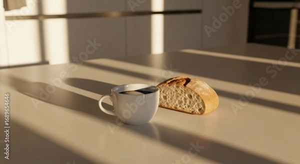 Obraz Morning Sunlight Illuminates Coffee and Bread on a Minimalist Kitchen Counter