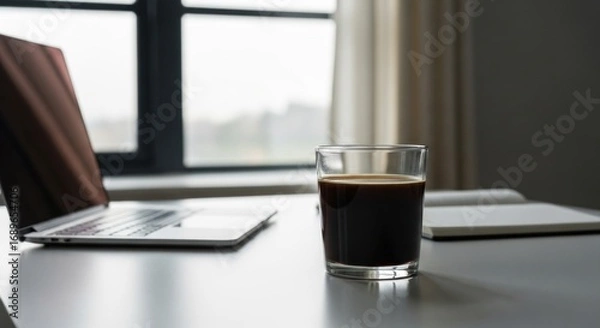 Obraz Morning workspace: Coffee, laptop, and notebook on a bright desk by the window