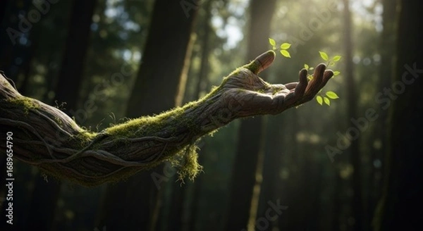 Obraz Moss-Covered Hand of Wood Holding New Growth in Forest Sunlight