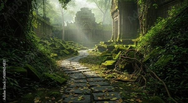 Obraz Moss-Covered Ruins: Ancient Temple Path Through Lush Jungle, Sunlight Piercing Mist