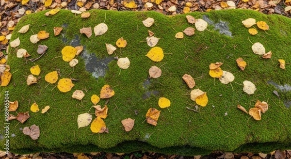 Obraz Mossy Stone Adorned with Fallen Autumn Leaves in a Forest Setting