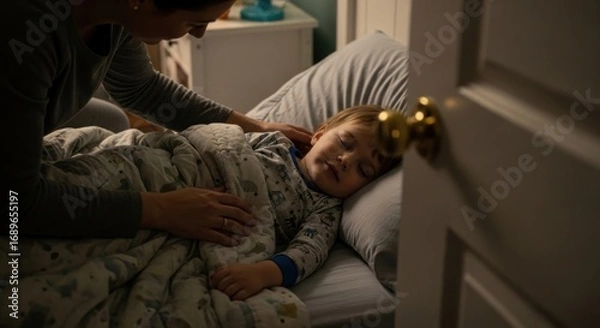 Obraz Mother gently tucking her sleeping child into bed in a dimly lit room