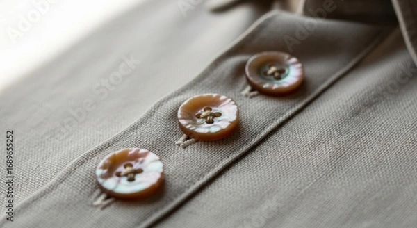 Obraz Mother of Pearl Buttons on a Linen Shirt, Close-Up Detail