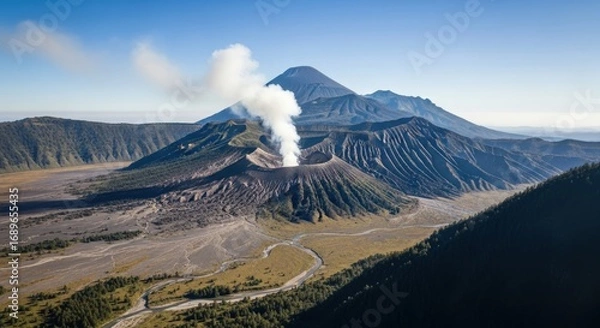 Obraz Mount Bromo's smoking crater and surrounding volcanic landscape in East Java, Indonesia
