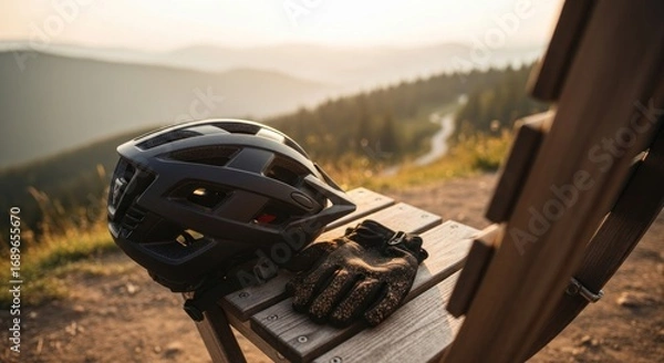 Obraz Mountain Biking Gear Resting on Wooden Chair with Scenic Mountain View