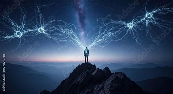 Obraz Mountain Peak Silhouette with Electric Energy and Milky Way Galaxy Backdrop