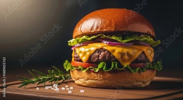 Obraz Mouthwatering cheeseburger with fresh ingredients and rosemary sprig on wooden board