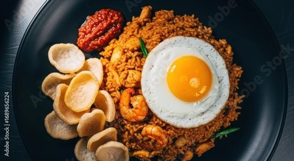 Obraz Nasi Goreng with Fried Egg, Shrimp, and Krupuk on Black Plate