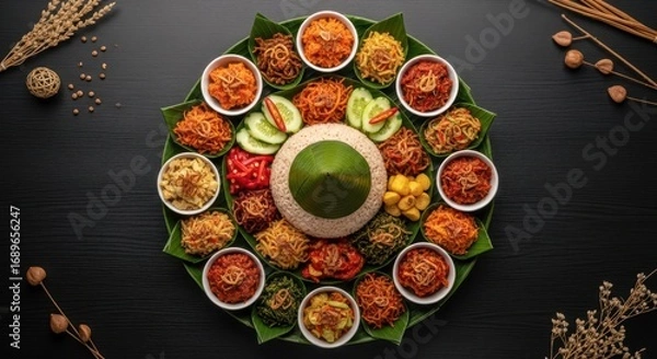 Obraz Nasi Tumpeng: Indonesian Festive Rice Cone with Side Dishes on Banana Leaf Platter
