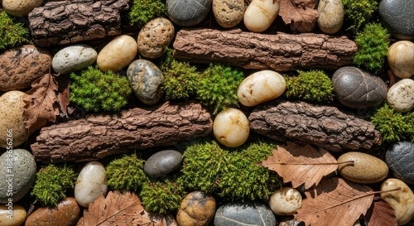 Obraz Natural arrangement of smooth stones, moss, bark, and dry leaves in a textured composition