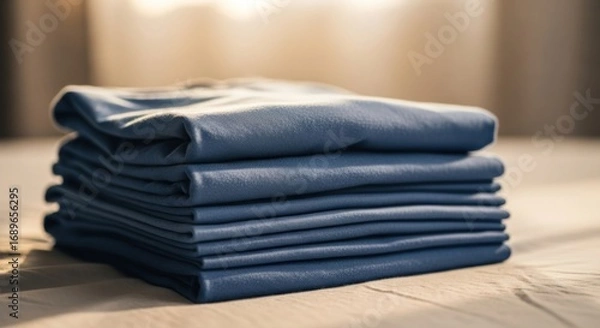 Obraz Neatly Folded Blue Sheets on Bed, Soft Lighting, Clean Laundry