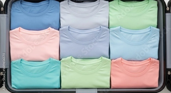 Obraz Neatly folded pastel t-shirts arranged in a suitcase, ready for travel and organized packing