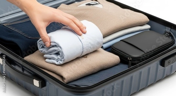 Obraz Neatly packed suitcase with rolled shirt, sweaters, jeans, and a black zippered case