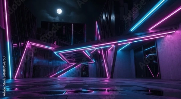 Obraz Neon-lit futuristic cityscape under a full moon, reflecting on wet pavement
