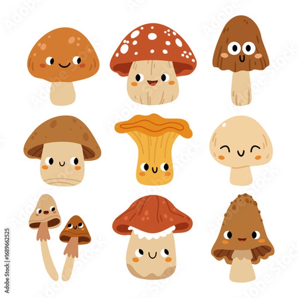 Obraz Cute cartoon mushrooms with smiling faces. Set of funny forest fungi characters in flat style. Perfect for kids designs, stickers, autumn posters, and woodland themes.