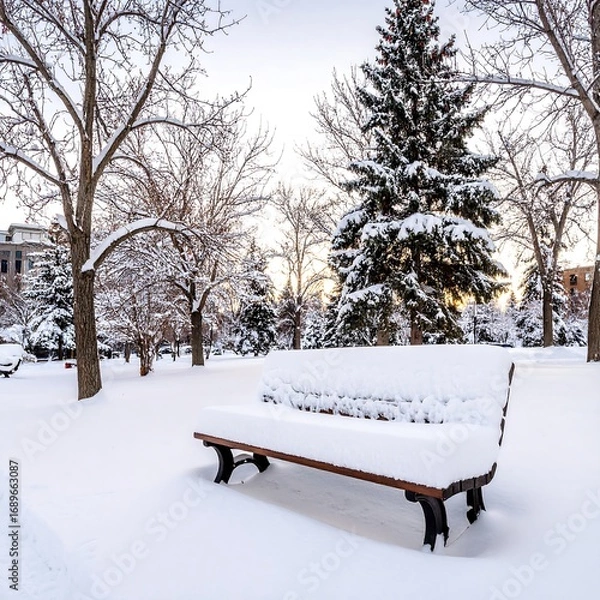 Fototapeta Snowy park bench at dawn (1)